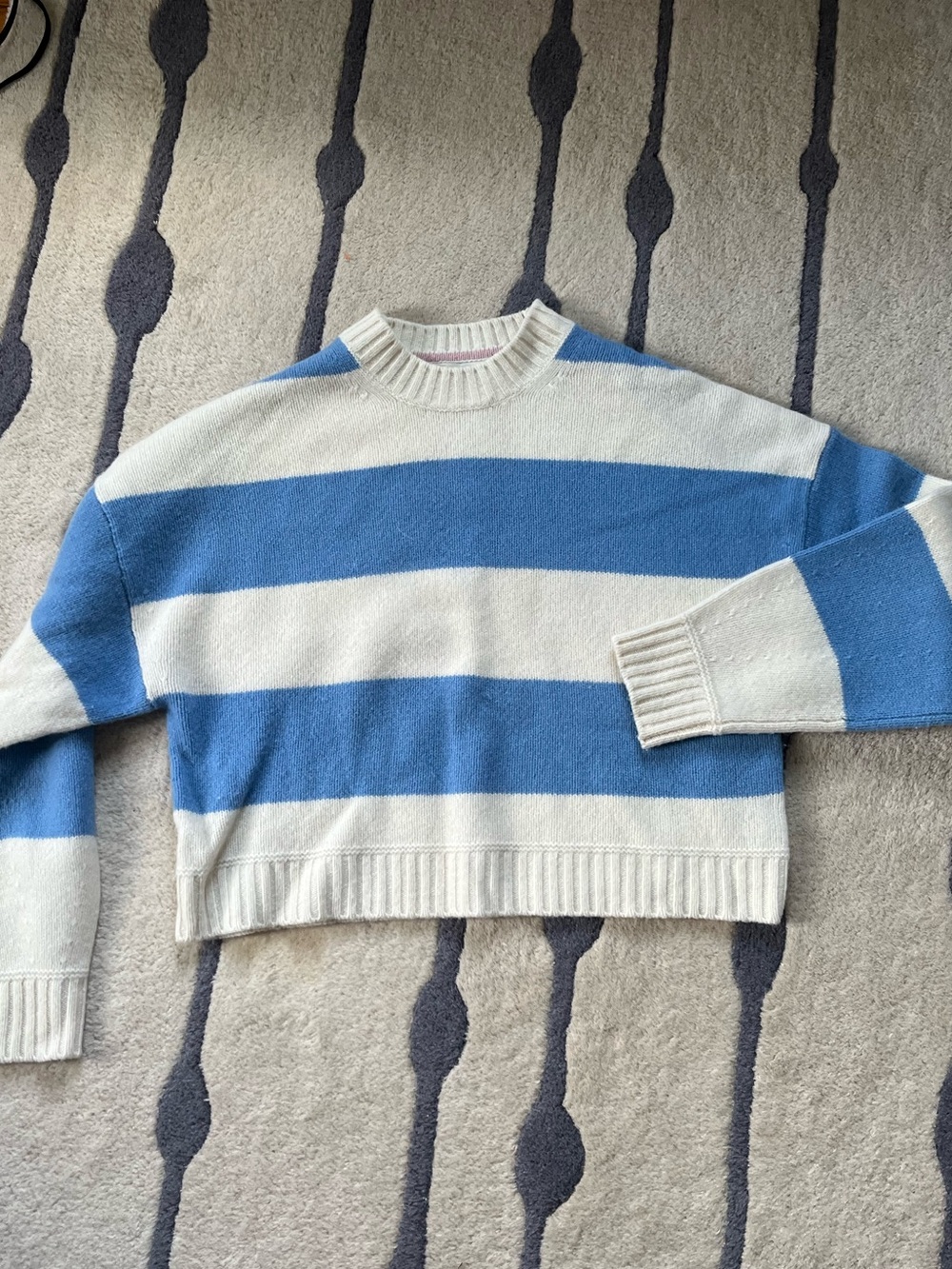 Boden Wide-Stripe Crewneck Sweater in Blue and Cream